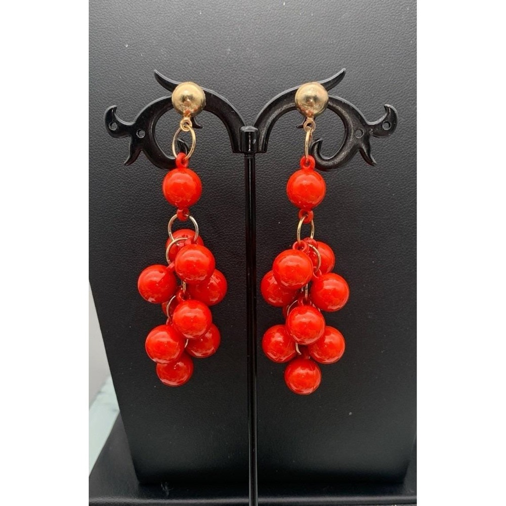 Vintage Red Plastic Cha Cha Grape Cluster Pierced Earrings